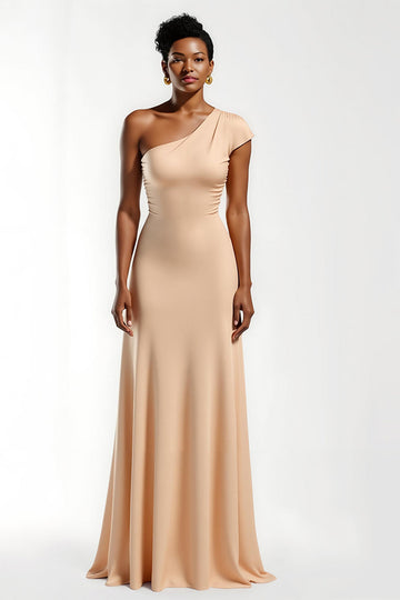Robe longue de demoiselle d’honneur gaine à une épaule champagne avec manches